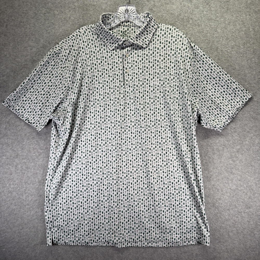 Rhoback Polo Shirt Mens XL White Beer Print Golf Performance Stretch Allover Top
